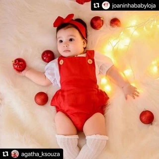 Conjunto Infantil Jardineira Vermelho Natal Menina Bebe (3 peças)