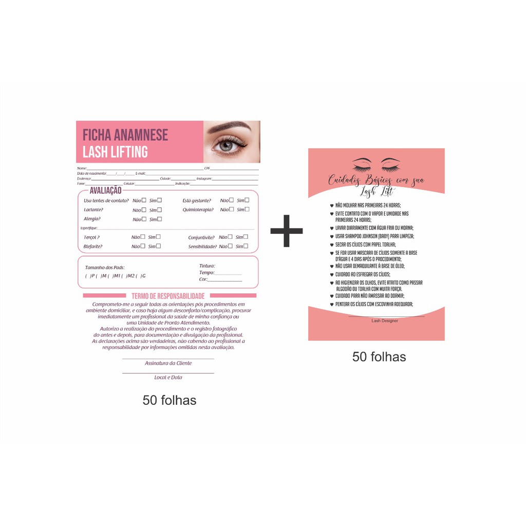 Bloco de Ficha Anamnese + Bloco folhetos Cuidados Pós Lash Lift - 50 ...