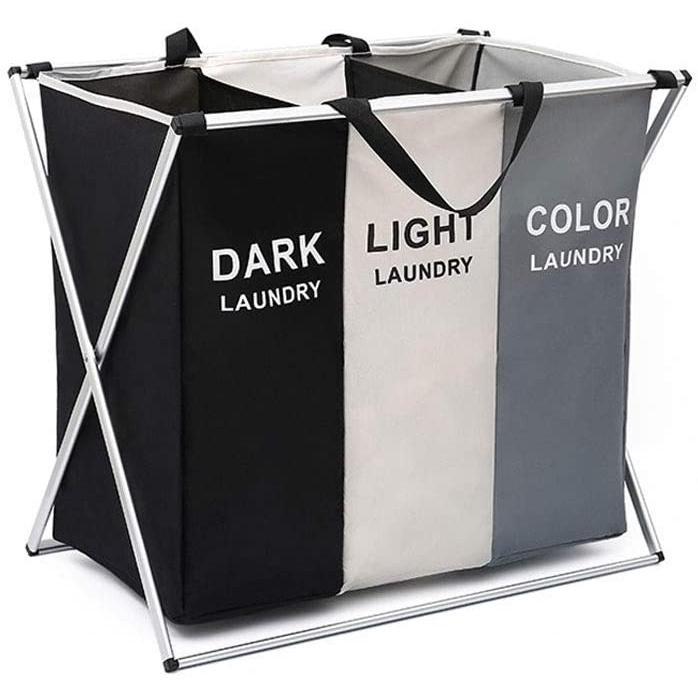 Cesto de roupa suja dobrável organizador 3 compartimentos