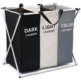 Cesto de roupa suja dobrável organizador 3 compartimentos