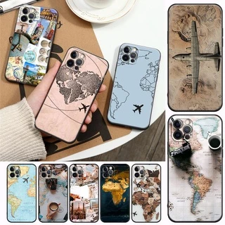Capa Telefônica Para iPhone 11 12 13 Pro Max Mini Preto De Silicone Macia Mapa Mundial Avião De Viagem