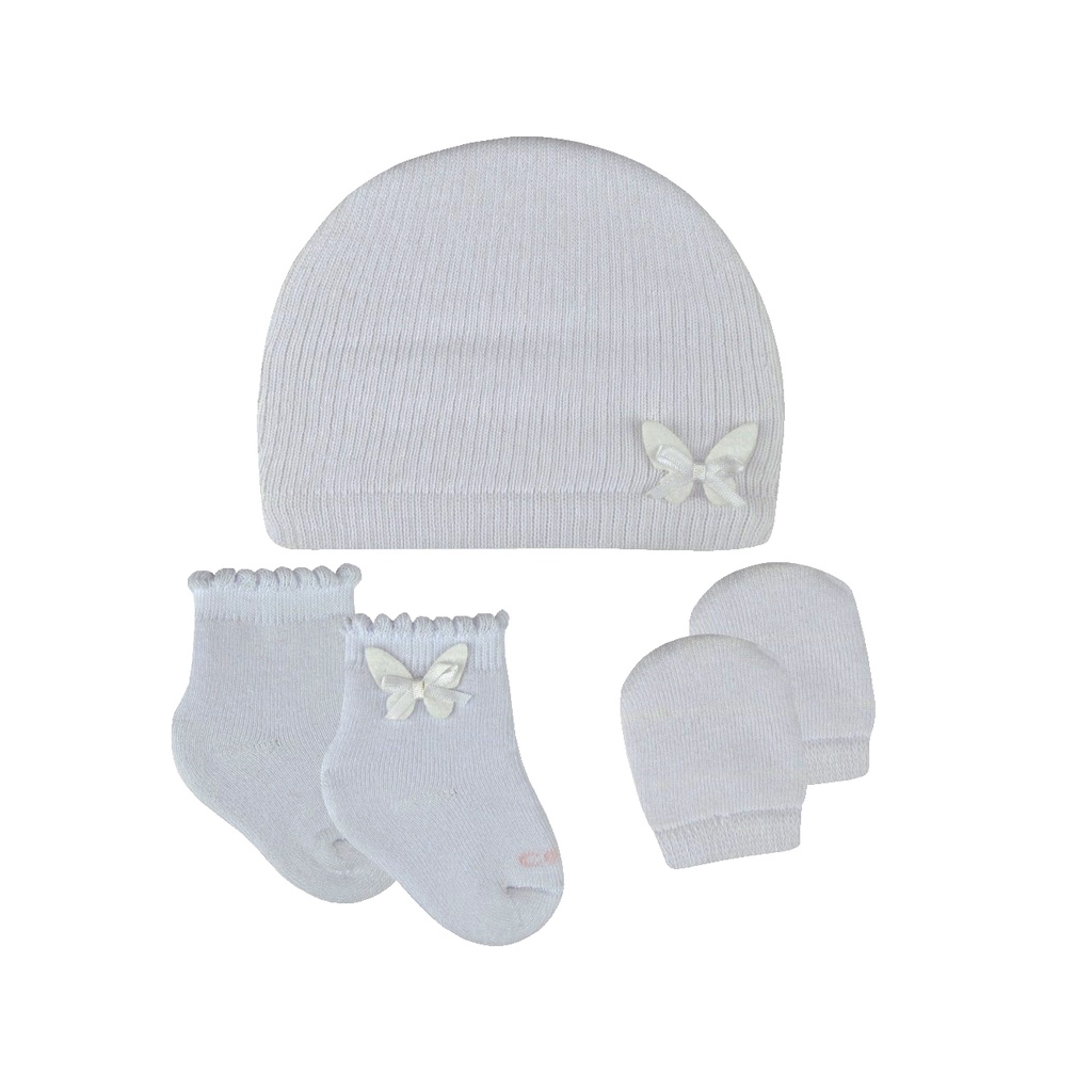 Kit Maternidade Borboleta Recém-nascido Menina Touca + Luva + Meia