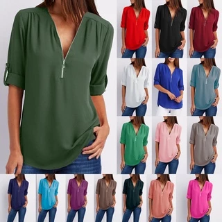 S-5xg Camisa Feminina Casual Básica De Chiffon Preta Com Zíper Gola V E Mangas Compridas Plus Size