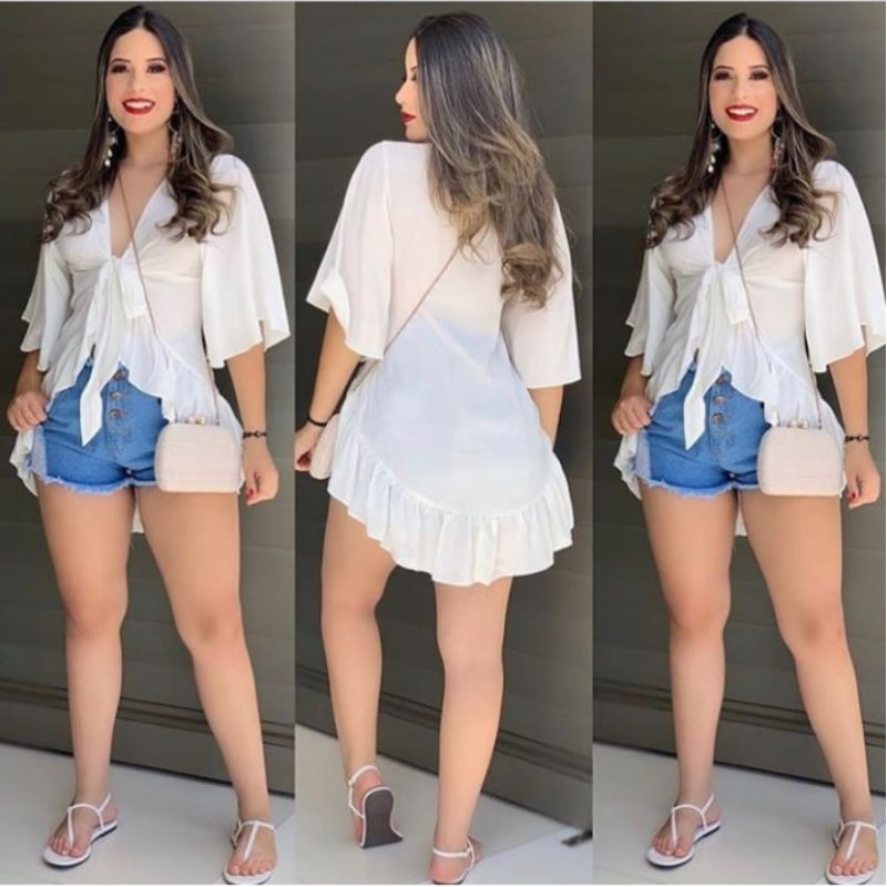 Blusa Feminina Bata Manga Flare Amarrar Em Viscose Moda Blogueira