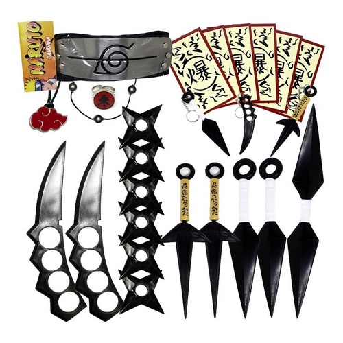 Kit Naruto Acessórios C/ 6 Shurikens 6 Kunais E 1 Bandana