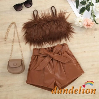 Dandelion-1-6 Anos Conjunto De Roupa Infantil Blusa Sem Manga De Pelúcia + Calça Curta Cintura Elástica Com Cinto
