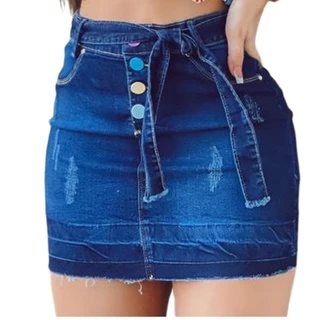 Saia Jeans Elastex Com 4 Botões coloridos + Cinto de Pano - Beleza e conforto