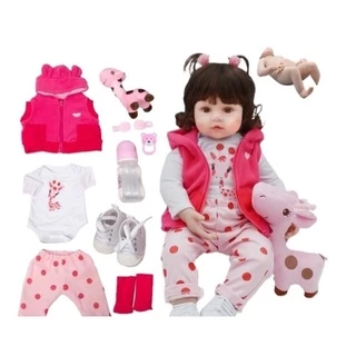 Bebê Boneca Reborn Realista Girafinha Menina de Silicone 48cm Olhos Castanhos (Pode Dar Banho)