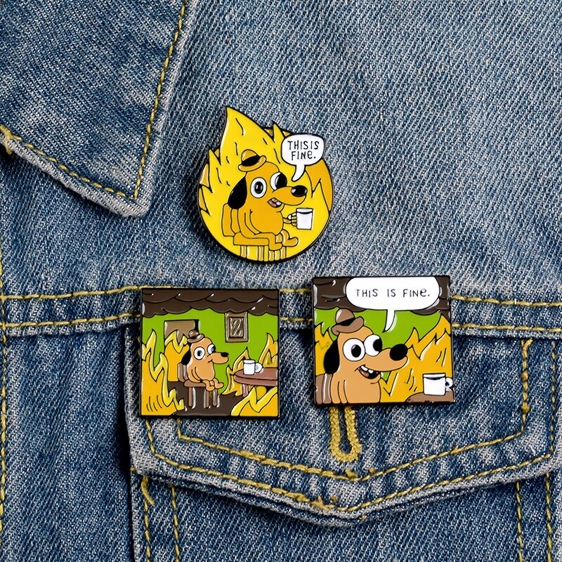 Broche Esmaltado " This Is Fine " Dog Meme Para Masculino E Mulheres