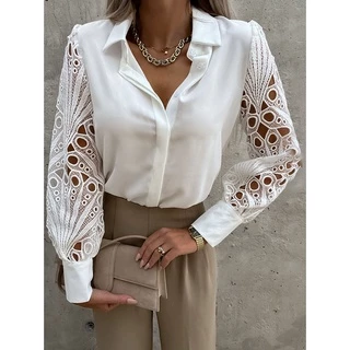 Verão Casuais Rendas Patchwork Camisa Top Para As Mulheres Primavera Camisas Brancas De Manga Longa Mulher Elegante Oco Out Botão Blusas Do Vintage