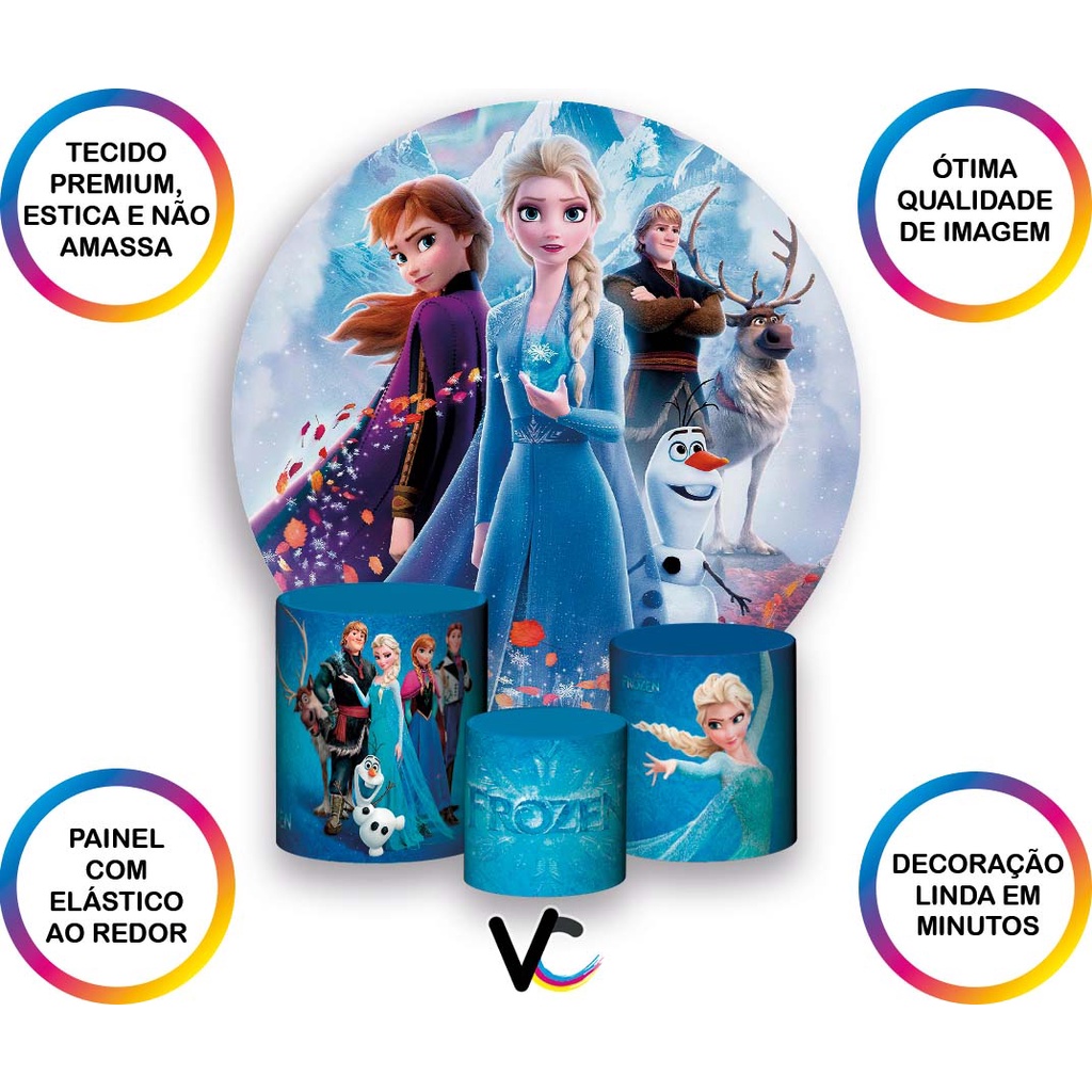 Kit Painel De Festa Frozen 2 Redondo + Trio De Cilindros Em Tecido