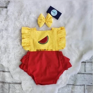 Romper Jardineira Body Festa Melância com Laço Mesversário Tricoline 100%Algodão