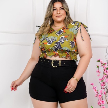 Conjunto Plus Size Blusa Short Com cinto Roupas Femininas 48 ao 52