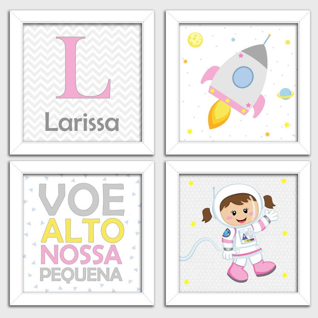 Quadrinhos Decorativo Infantil Quarto Menina Astronauta 4 peças MWC ...