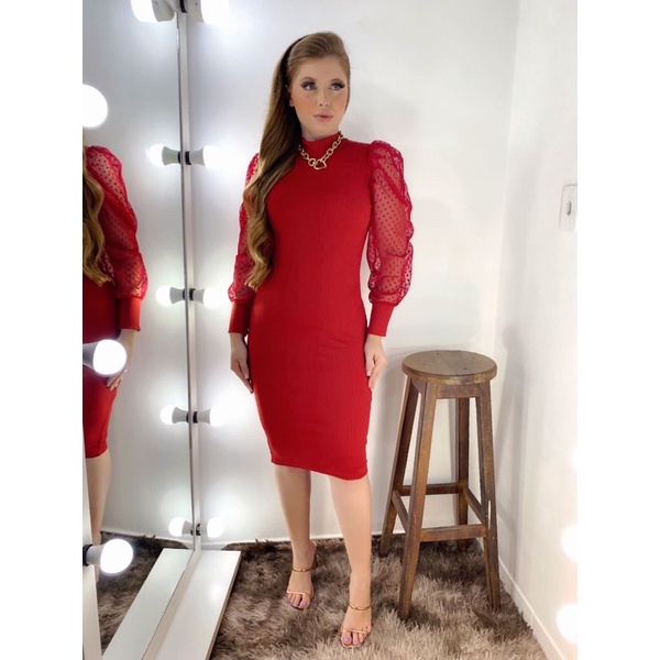 Vestido tubinho store vermelho manga longa