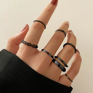 Conjunto De 7 Peças De Anéis De Personalidade Criativa Empilháveis , Pretos Exclusivos