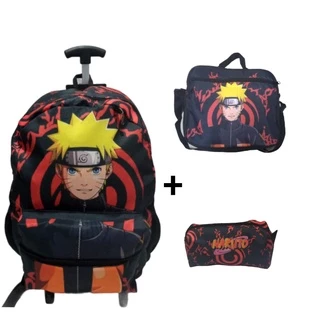 Kit Mochila Escolar Naruto Preto Com Rodinhas+ Toalhinha