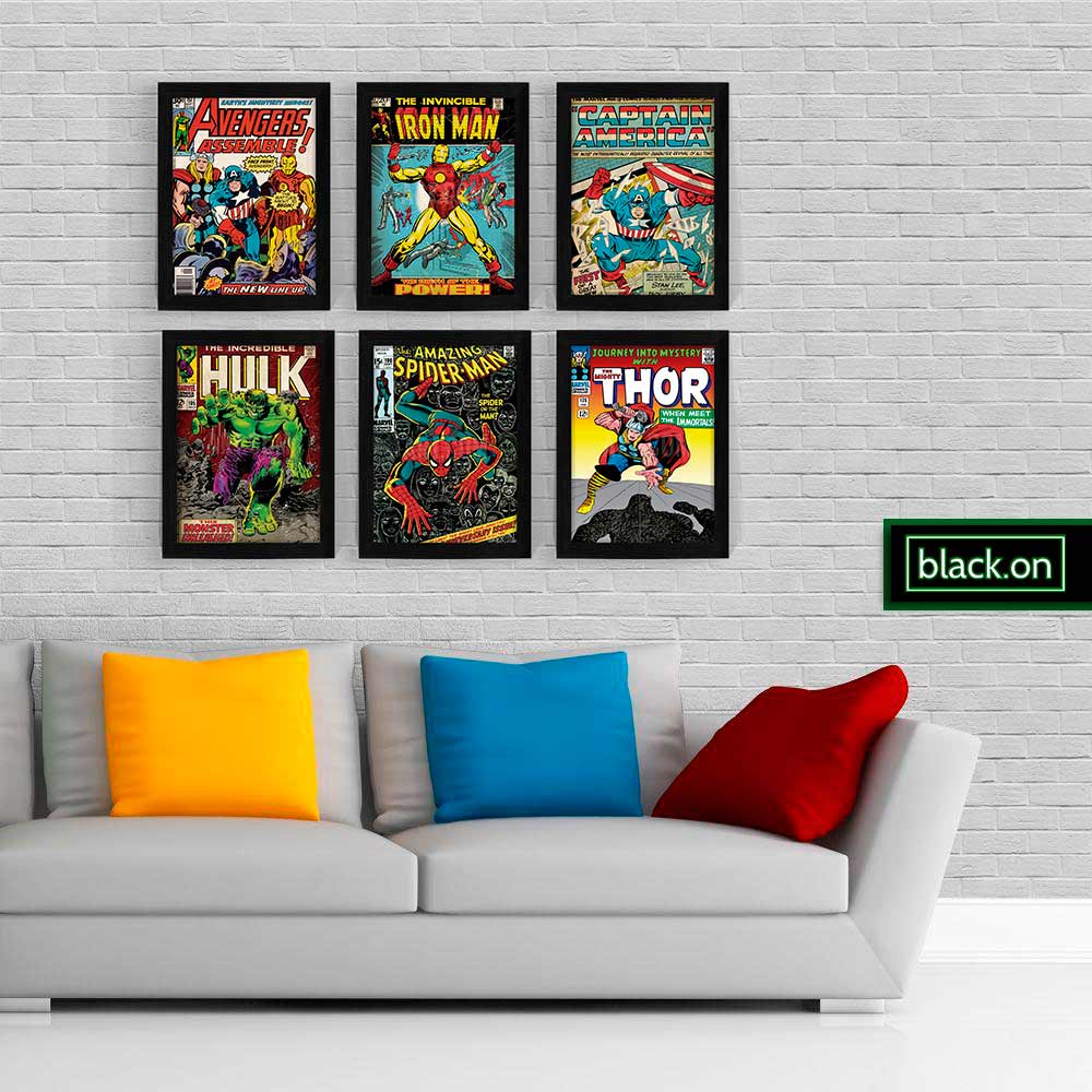 Quadro Com Moldura Poster Decorativo Retro Vintage HQ Quadrinhos Geek Heróis Vilões Marvel Dc Comics Thor Mulher Maravilha Vingadores Homem Aranha Ferro Superman Mulher Maravilha Capitão America Hulk Spiderman Iron Man Diversos Modelos A4 30x20cm