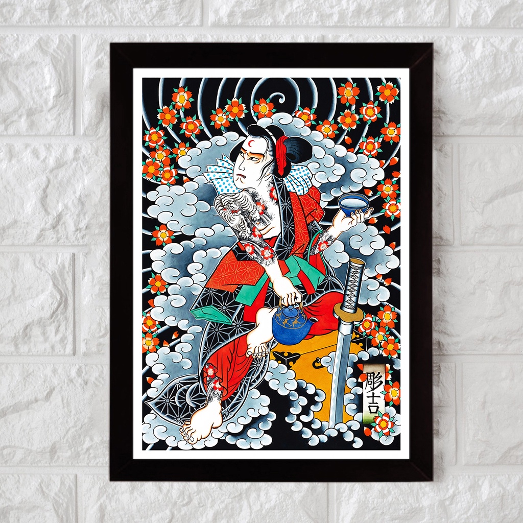 Gato Ninja Oriental Samurai, Quadro com Moldura 33x24cm