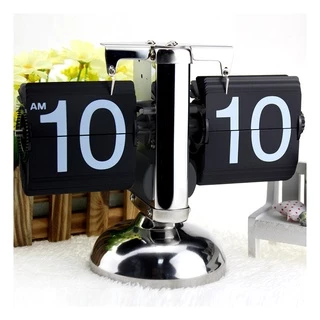 Pequeno Relógio De Mesa Escala Retro Flip Over Interno Engrenagem Operado Quartzo De Aço Inoxidável Preto/Branco