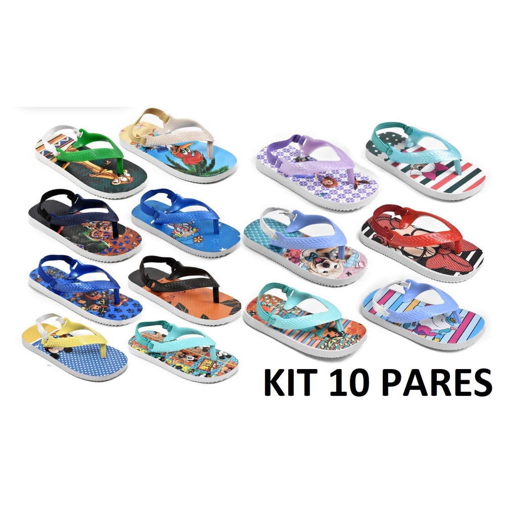 Kit 10 Pares Chinelo com elástico Infantil Baby para bebês