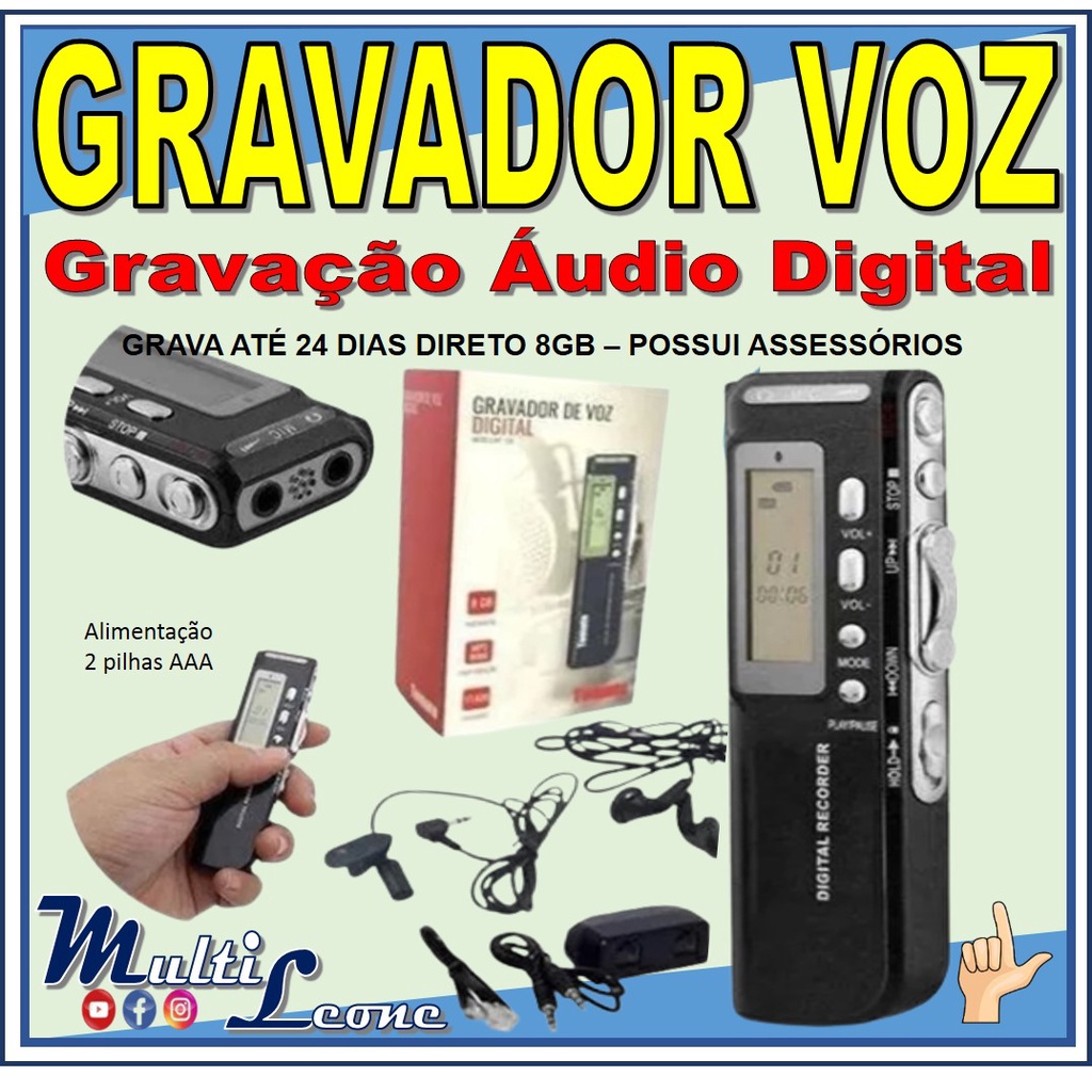 Tempo de Trabalho Multi Function Gravador de Voz Digital 8 GB