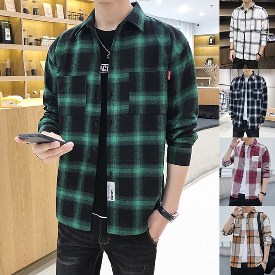Camisa xadrez de mangas compridas masculina casual bonita camisa M-5XL