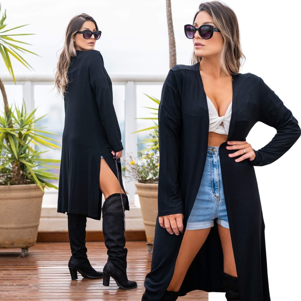 Casaco  Sobretudo feminino flanelado - Preto - Cabide Chic