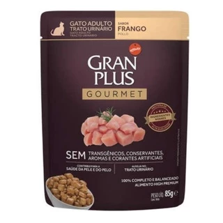 Caixa de Sachê Gran Plus Gourmet Gatos Adultos Trato Urinário sabor Frango 85g com 18 unidades