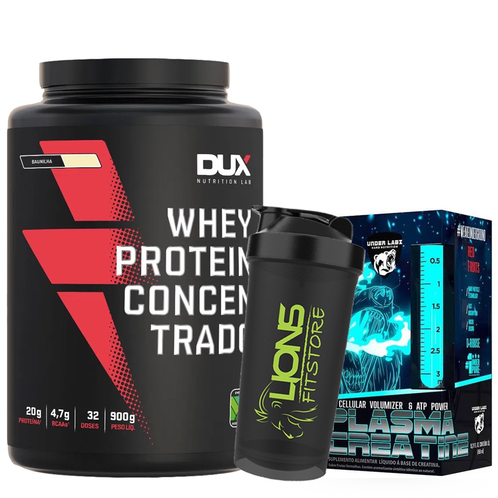 Whey Protein Concentrado Pote (900G) – Sabor Baunilha, Dux Nutrition, DUX Nutrition + Plasma Creatine – 450ml – Red Fruits – Under Labz + Coqueteleira