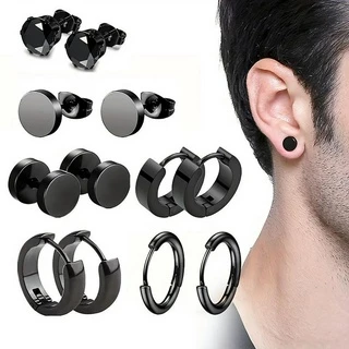 6 Pares Brincos de Moda Masculina Brincos Conjunto de Brincos Zircon Brincos de Aço Inoxidável Preto High-End Unique Daily