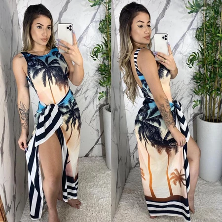 Conjunto body/maiô + pareô saida de praia