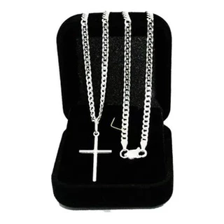 Kit Corrente de Prata Cordão Masculino De Prata 60cm Pingente Crucifixo + Pulseira Banhado