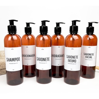 Kit 6 Frasco Âmbar Pet Plastico 500ml Kit Banheiro Completo Frasco Minimalista Frasco Escandinavo