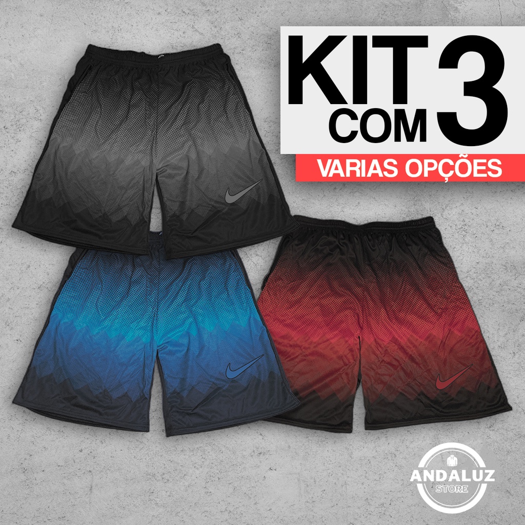 Kit Com 3 Bermuda Shorts Academia Futebol Colorido Com Bolso