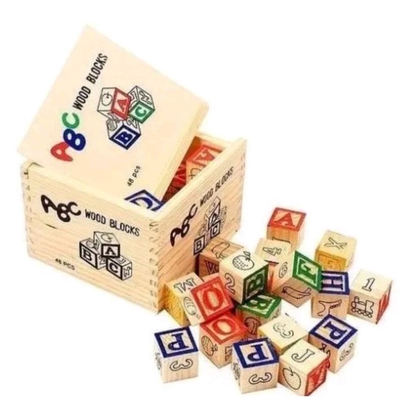 Caixa De Blocos De Madeira Com Letras Numeros E Figuras