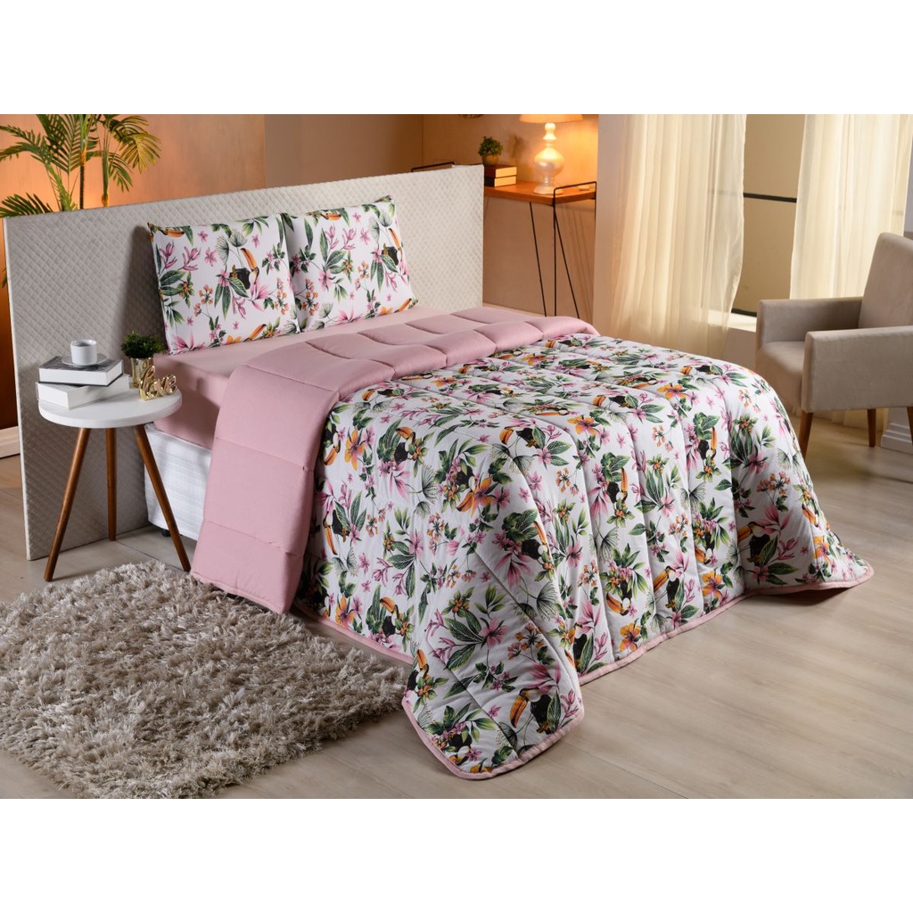 Kit Edredom King Size Floral Rosê Dupla Face + Jogo de Cama King