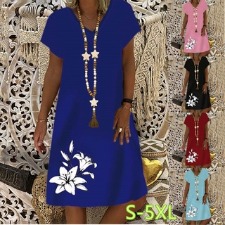2022 Vestido De Verão Feminino De Flor Em V Com Pescoço Manga Curta Impresso S-5XL