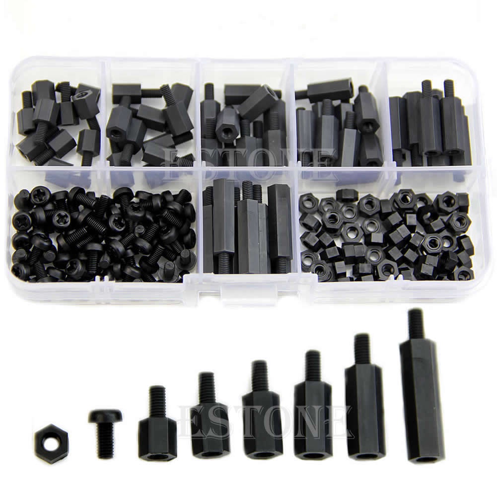 XI 180pcs M3 Nylon Preto Hex M-F Espaçadores Parafusos Kit Sortido Standoff Novo