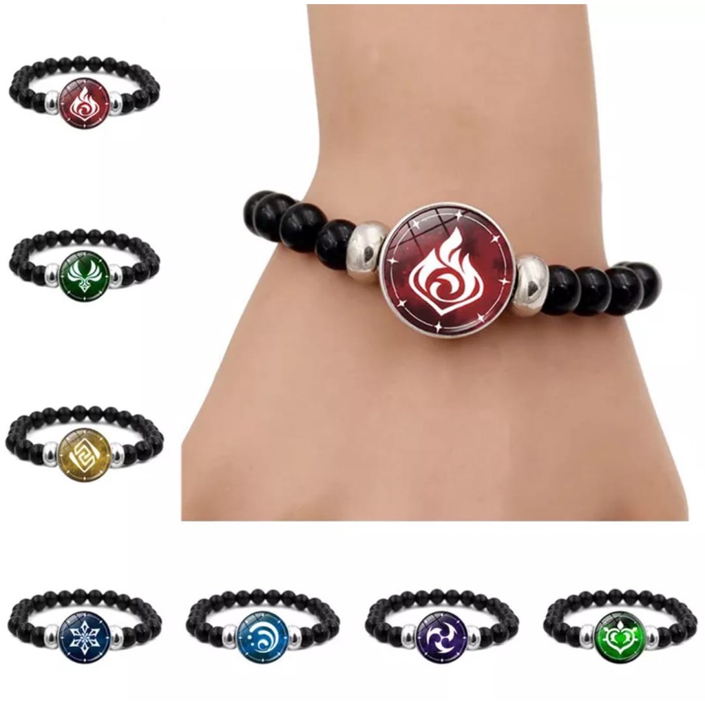 Pulseira Genshin Impact Elemento Botão Luminoso e Contas.