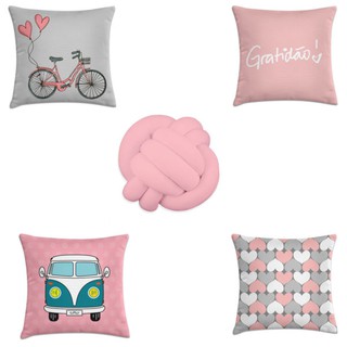 kit 4 capas de almofadas rosa e cinza 40x40 + nó rosa