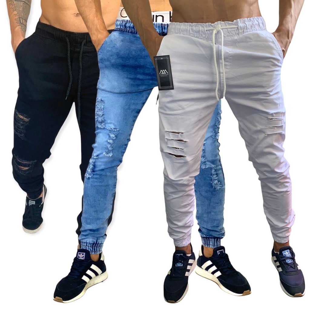 Kit 3 Calças Jeans E Sarja Com Elástico Jogger Tecido Premium