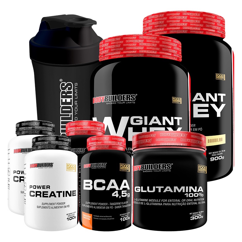 Kit 2x Whey Protein Giant Whey 900g + 2x BCAA 4.5 100g + 2x Power Creatina 100g + Glutamina 100% 300g + Coqueteleira – Suplementos em Pó para o Treino de Musculação na Academia – Bodybuilders