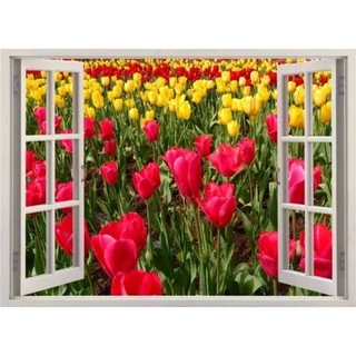 Adesivo De Parede Decorativo Janela Falsa Flores Vermelhas