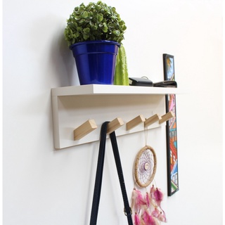Cabideiro de Parede com Prateleira Organizador 50x10x11,5cm MDF Branco (Pendurador Quadrado)