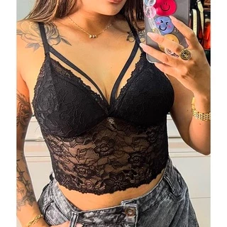 Cropped Top De Renda Feminino Tiras Dupla Alça Regulável Com Bojo