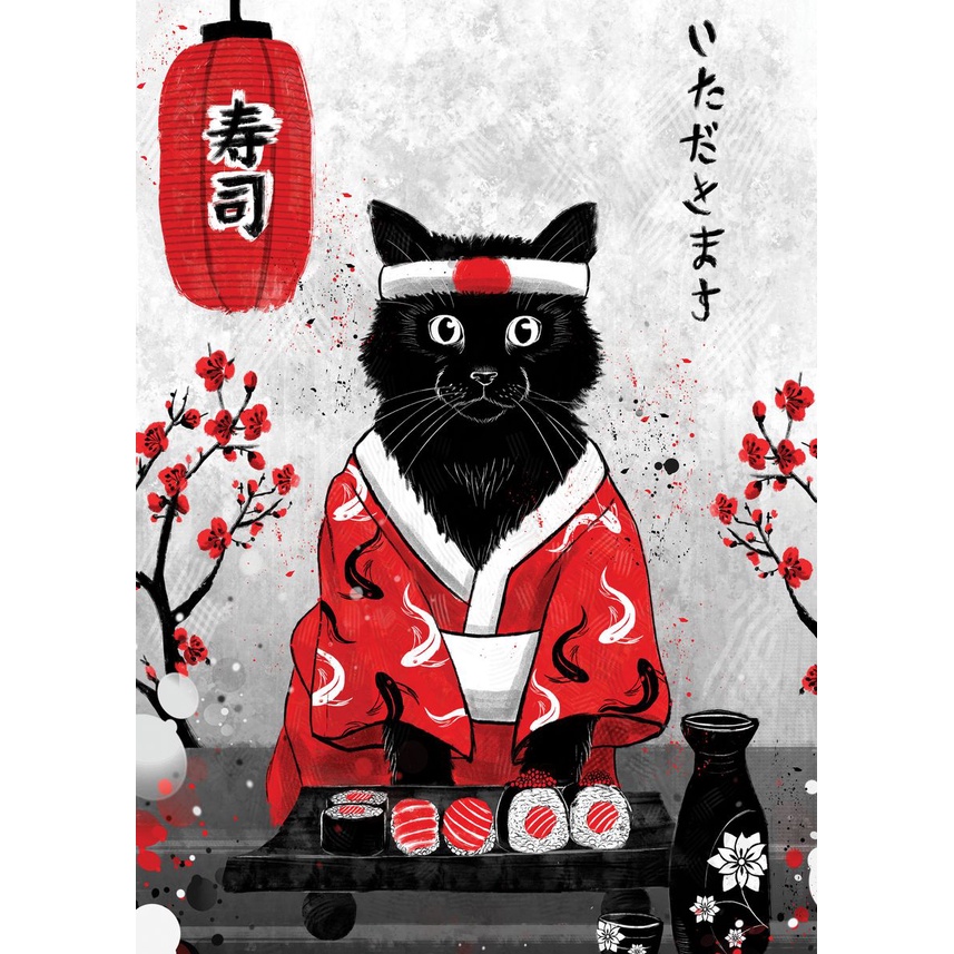 Gato Ninja Oriental Samurai, Quadro com Moldura 33x24cm