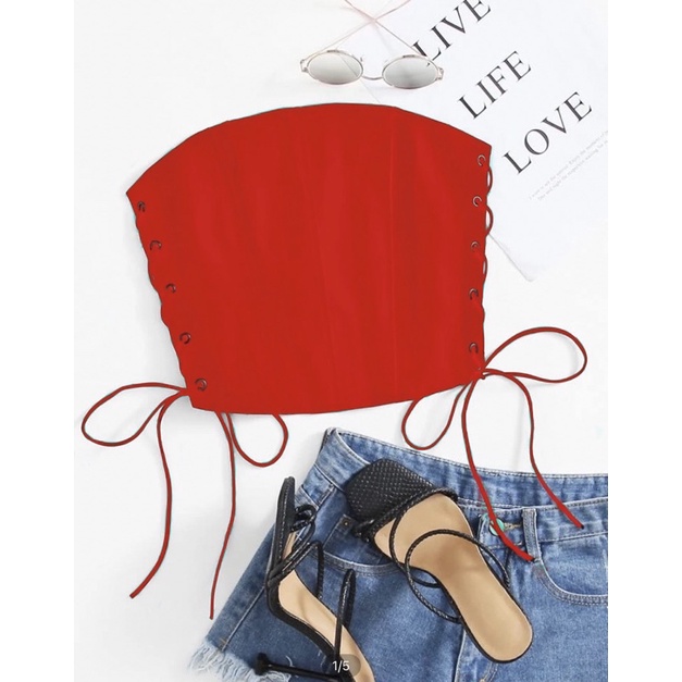 Top Cropped Corset Sexy Amarrar P Shein Vermelho Shopee Brasil