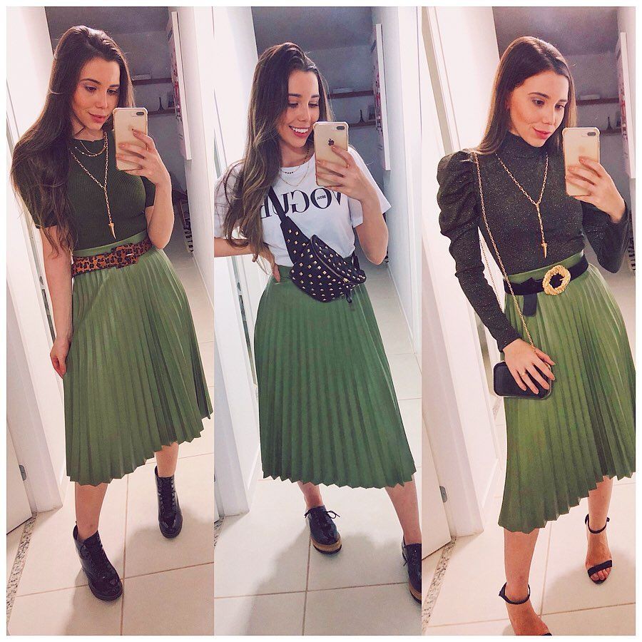 Saia midi hot sale plissada verde militar