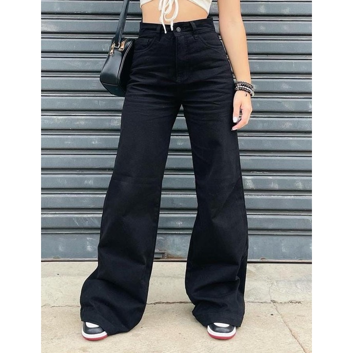 calça jeans feminina wide leg com bolso cargo moda gringa